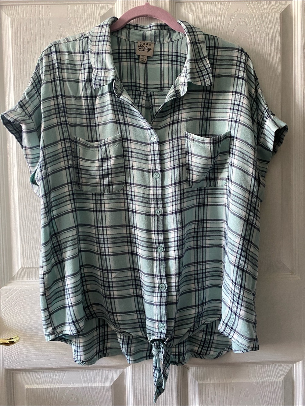 Como Vintage Mint and Navy Plaid Tie-Front Button-Down Short Sleeve Shirt XL